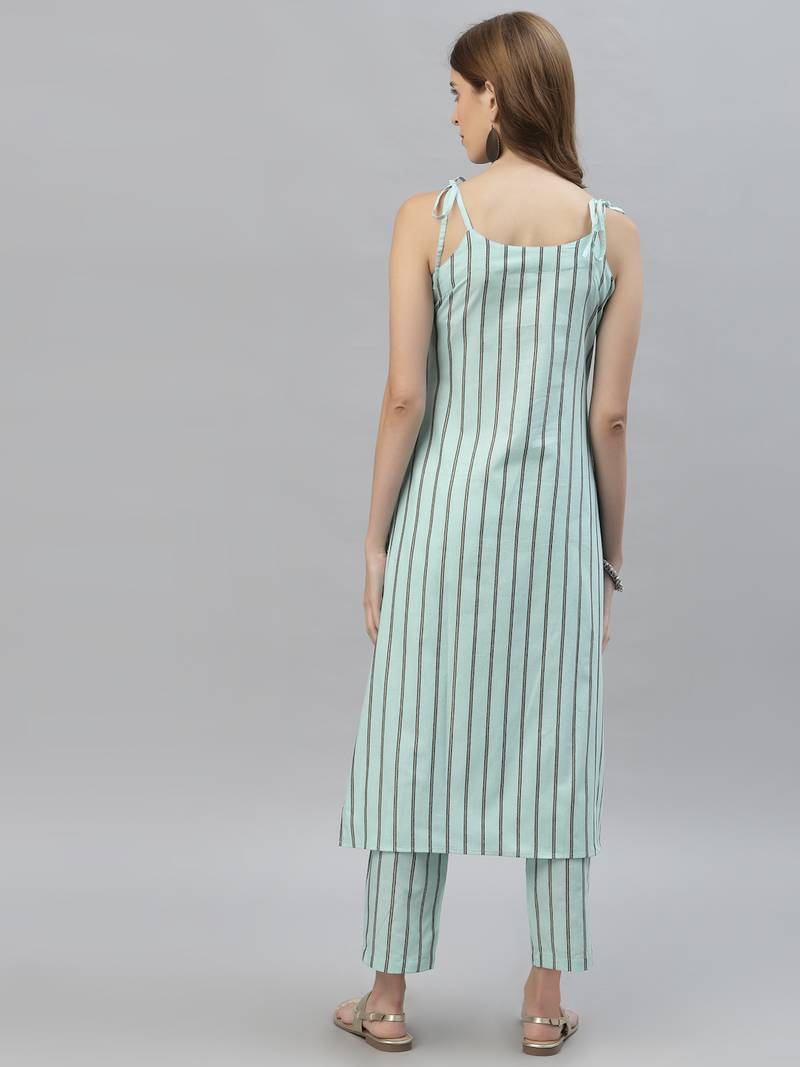 Women's Striped Cotton Blend Straight Kurta Pant Set