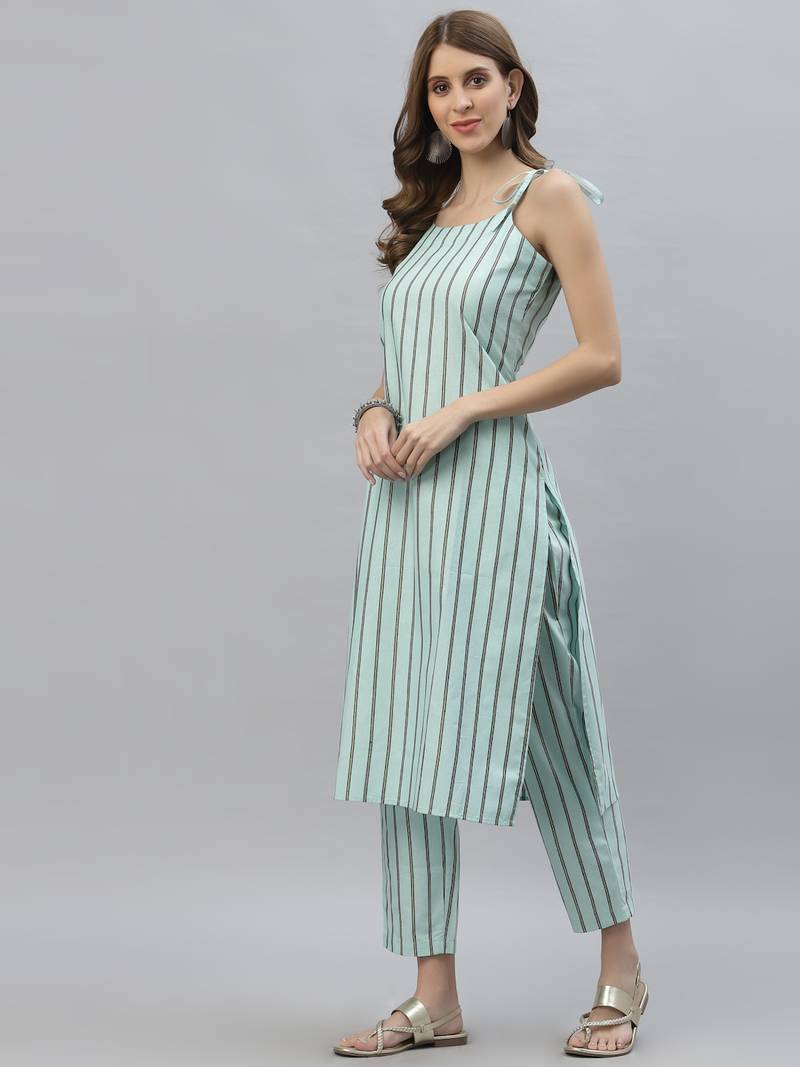 Women's Striped Cotton Blend Straight Kurta Pant Set