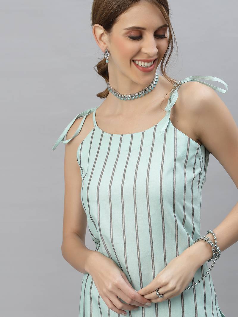 Women's Striped Cotton Blend Straight Kurta Pant Set