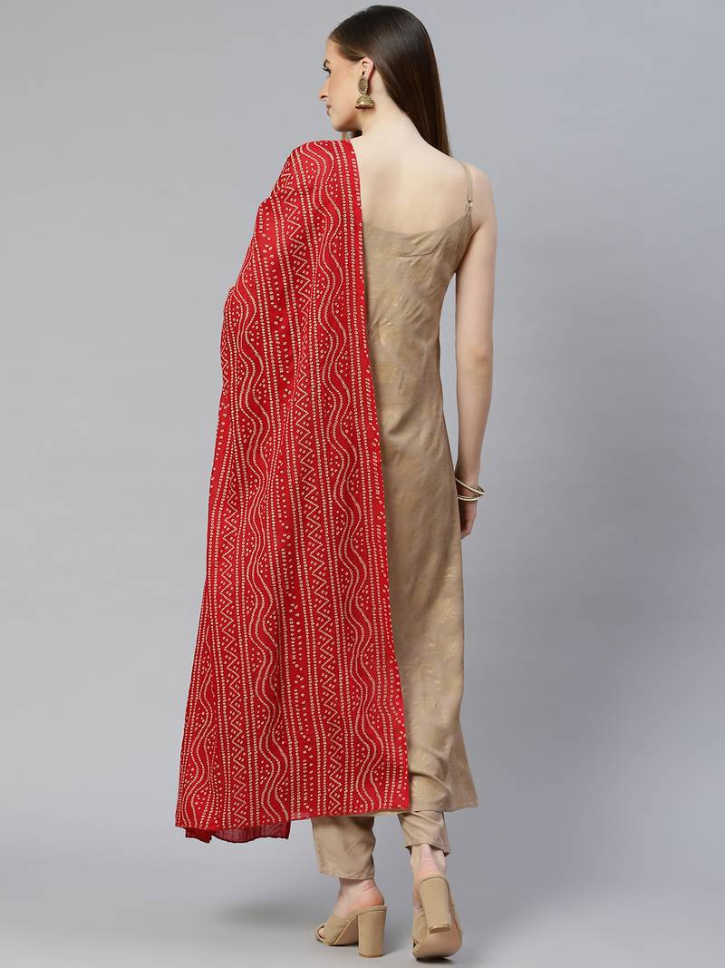 Women's Gold Print Rayon Straight Kurta Pant Dupatta Set