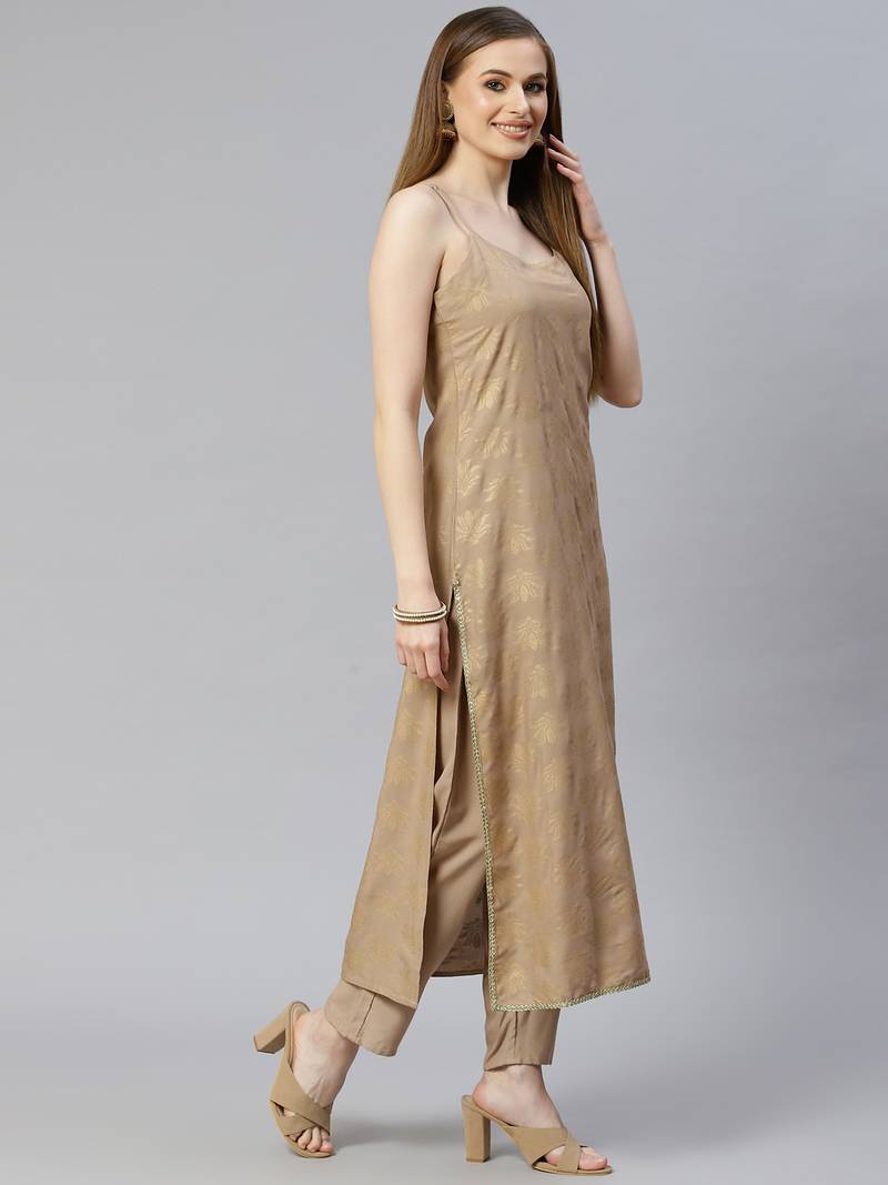 Women's Gold Print Rayon Straight Kurta Pant Dupatta Set