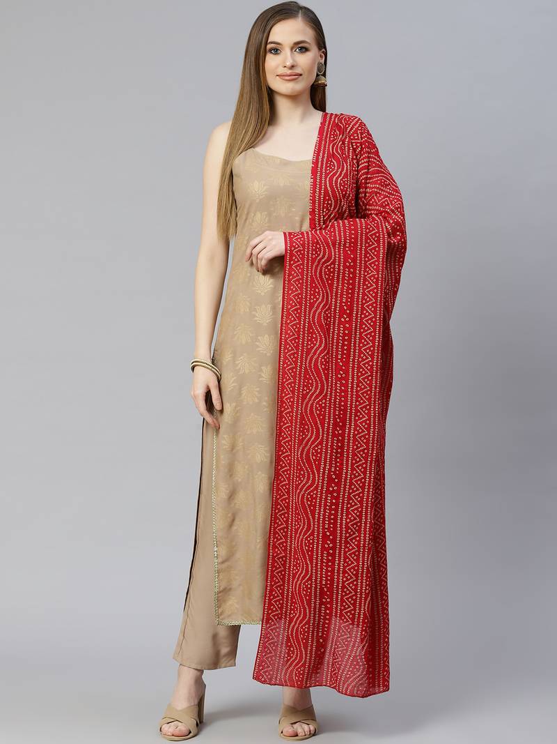 Women's Gold Print Rayon Straight Kurta Pant Dupatta Set