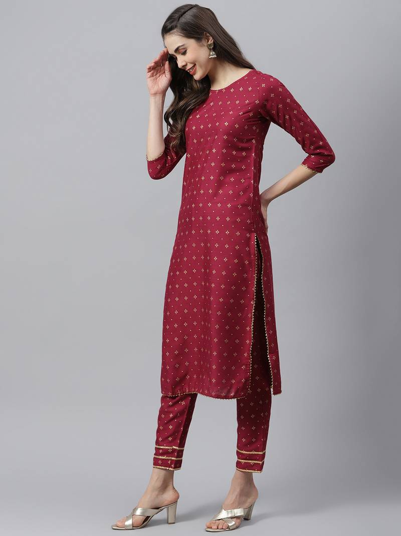 Women's Gold Printed Rayon Straight Kurta Pant Set