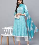 Women's Bandhej Printed & Embroidered Anarkali Kurta Pant Dupatta Set