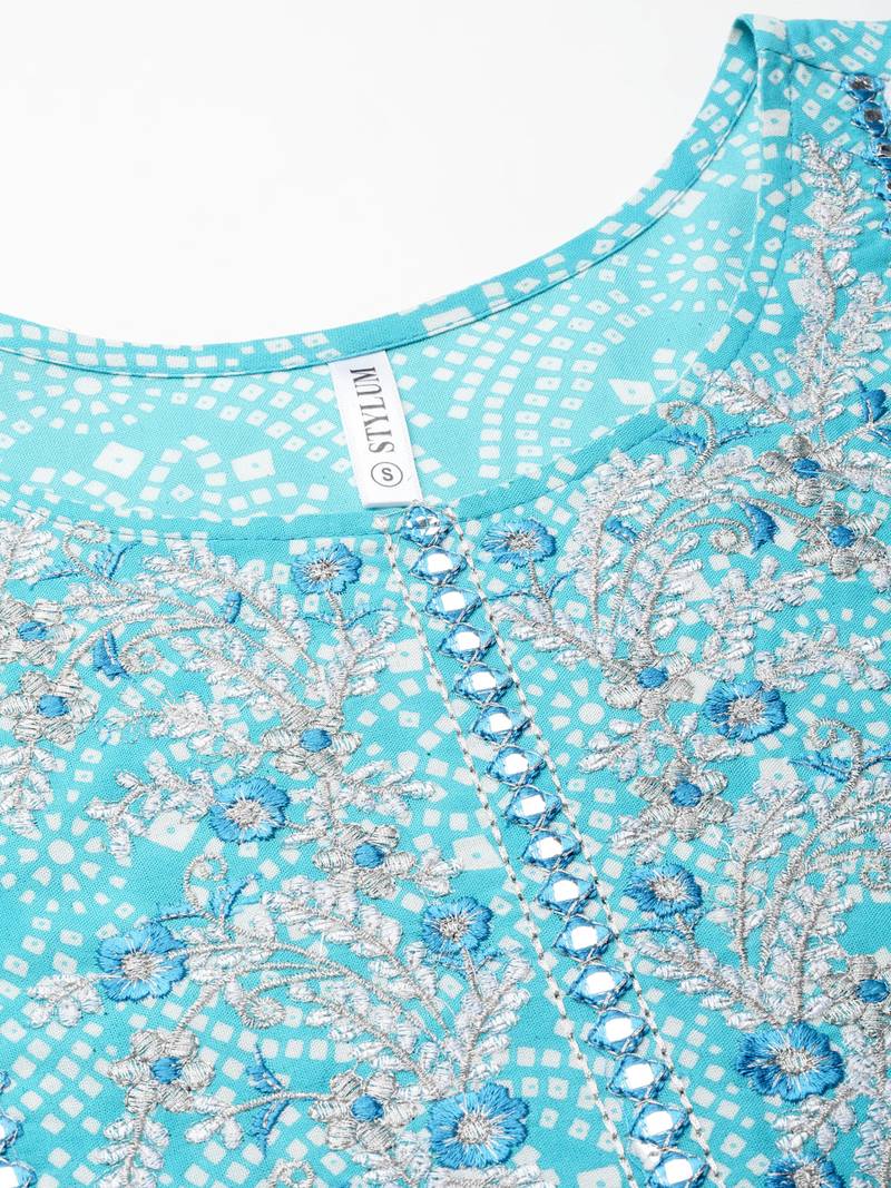 Women's Bandhej Printed & Embroidered Anarkali Kurta Pant Dupatta Set