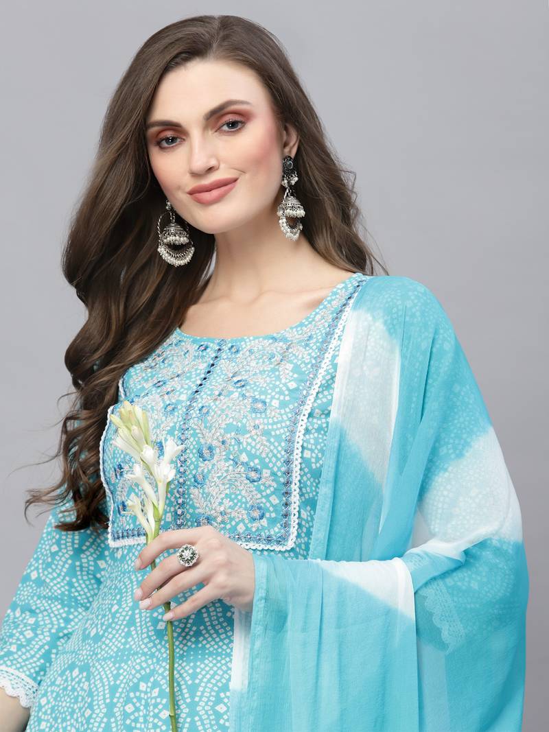 Women's Bandhej Printed & Embroidered Anarkali Kurta Pant Dupatta Set