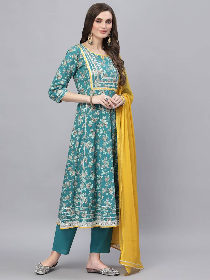 Women's Floral Printed Rayon Anarkali Kurta Pant Dupatta Set