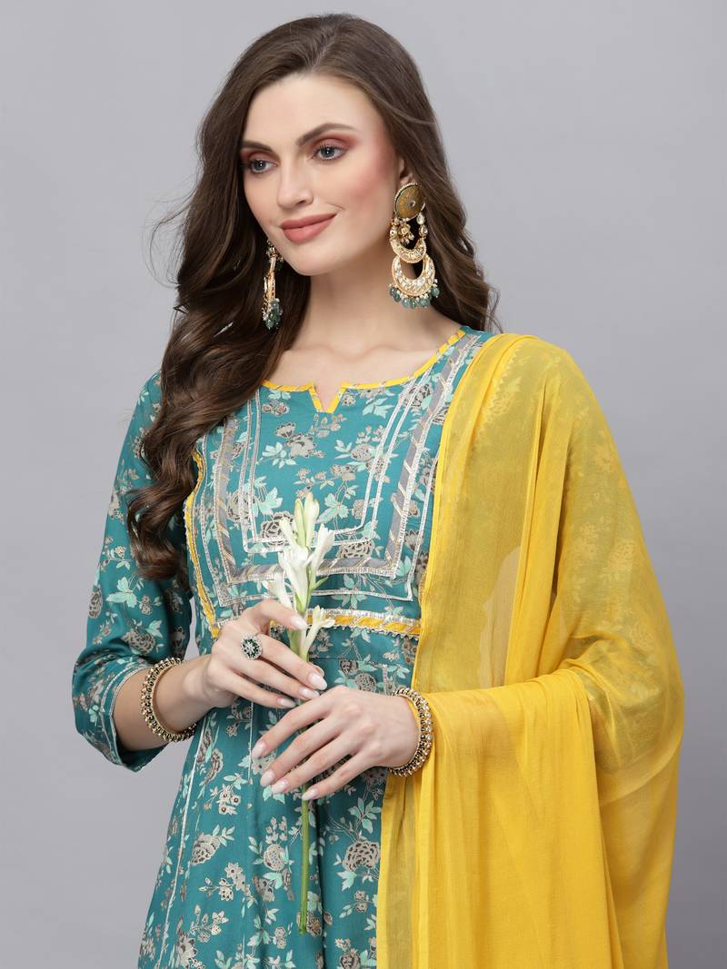 Women's Floral Printed Rayon Anarkali Kurta Pant Dupatta Set