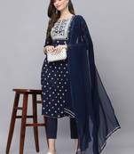 Women's Printed & Embroidered Rayon Straight Kurta Pant Dupatta Set