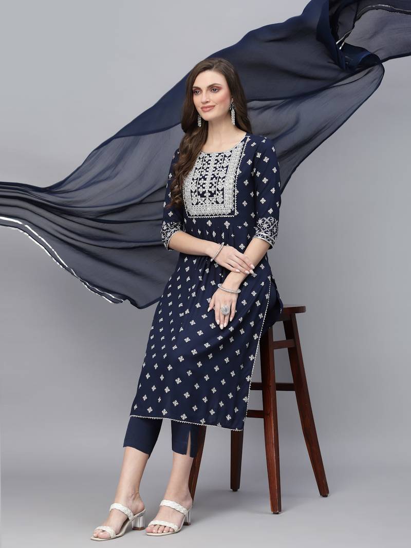 Women's Printed & Embroidered Rayon Straight Kurta Pant Dupatta Set