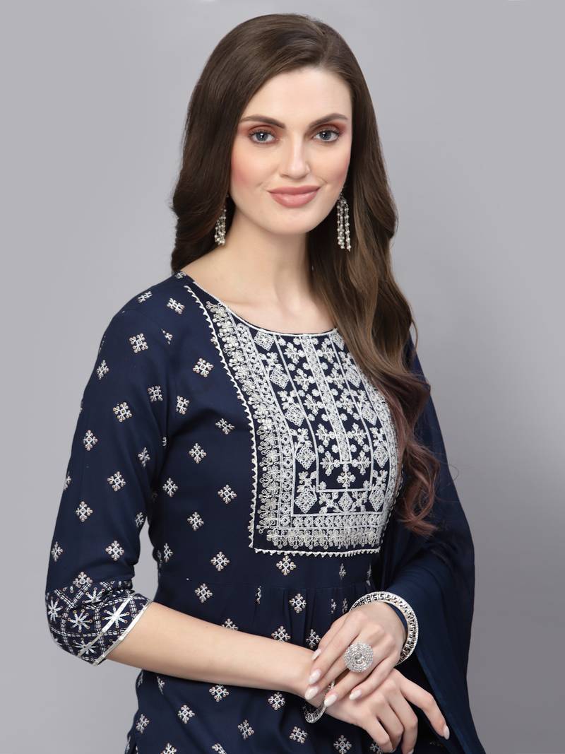 Women's Printed & Embroidered Rayon Straight Kurta Pant Dupatta Set