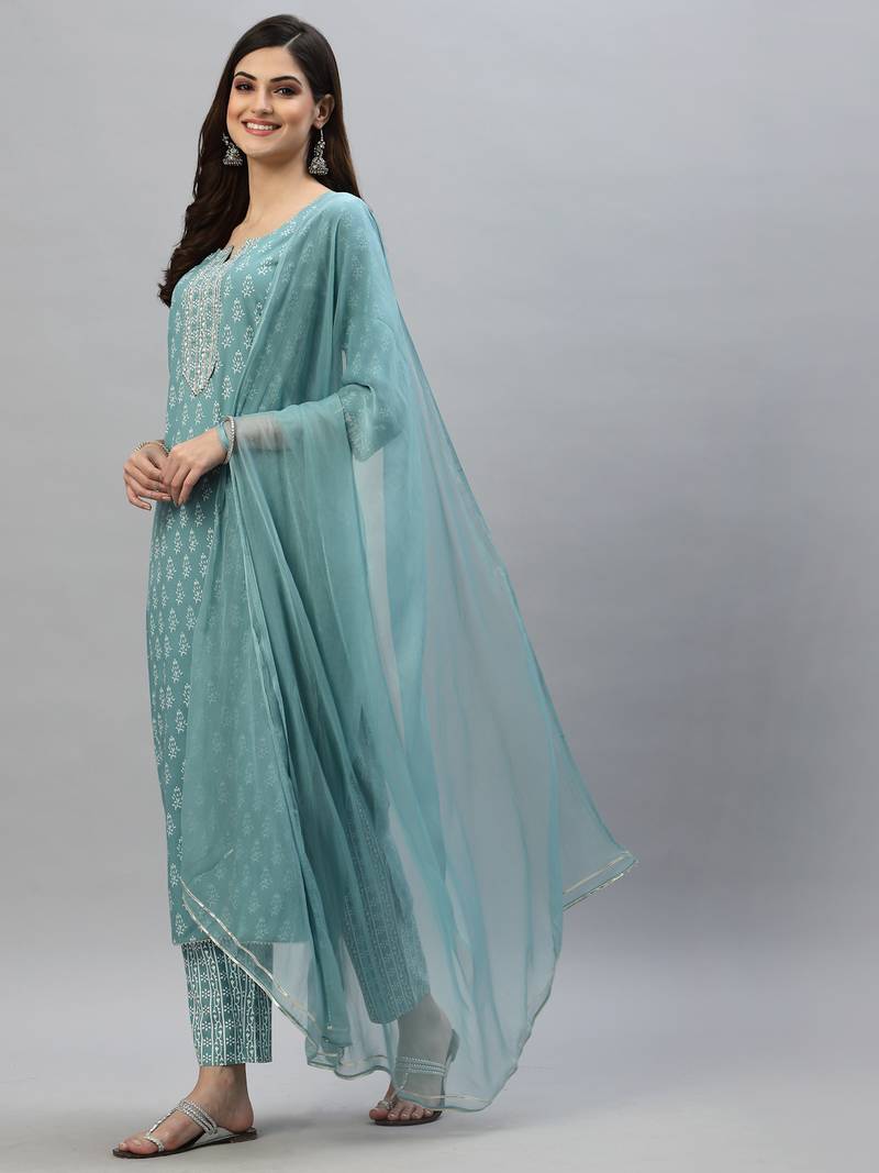 Women's Floral Printed Rayon Kurta Pant Dupatta Set