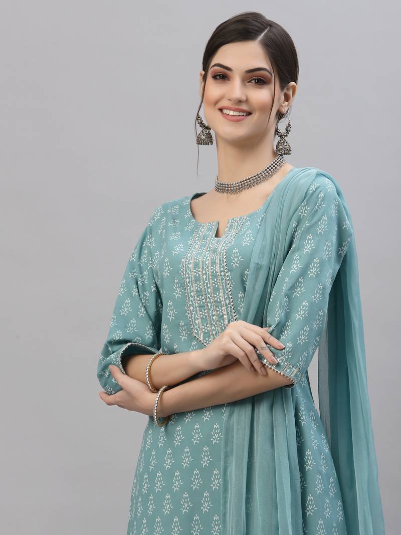 Women's Floral Printed Rayon Kurta Pant Dupatta Set