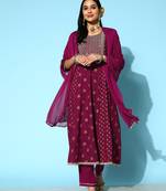 Women's Gold Printed & Embroidered Rayon Kurta Pant Dupatta Set