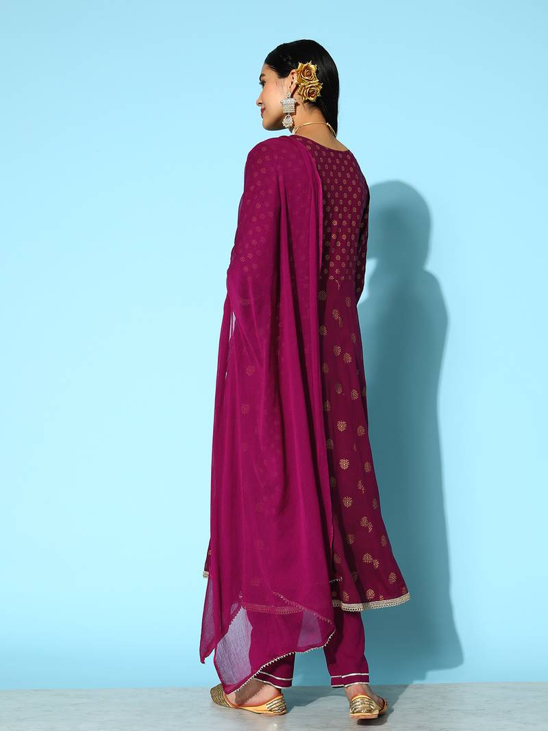 Women's Gold Printed & Embroidered Rayon Kurta Pant Dupatta Set