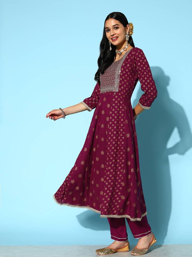 Women's Gold Printed & Embroidered Rayon Kurta Pant Dupatta Set