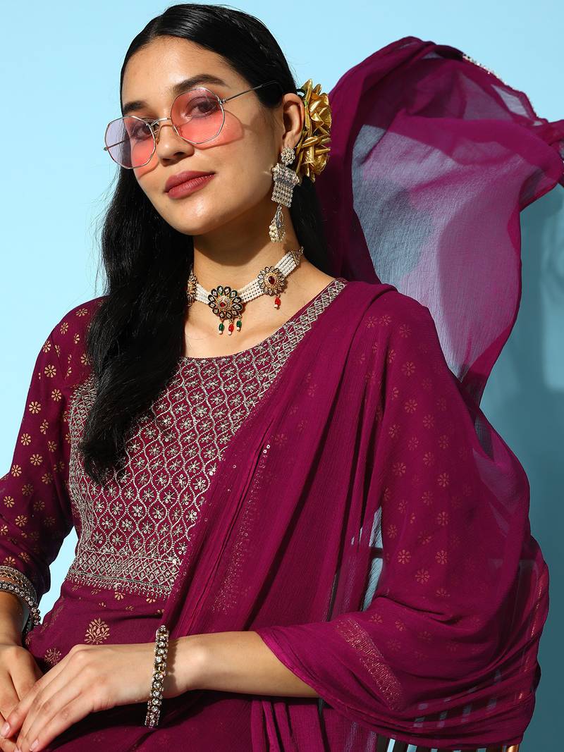 Women's Gold Printed & Embroidered Rayon Kurta Pant Dupatta Set