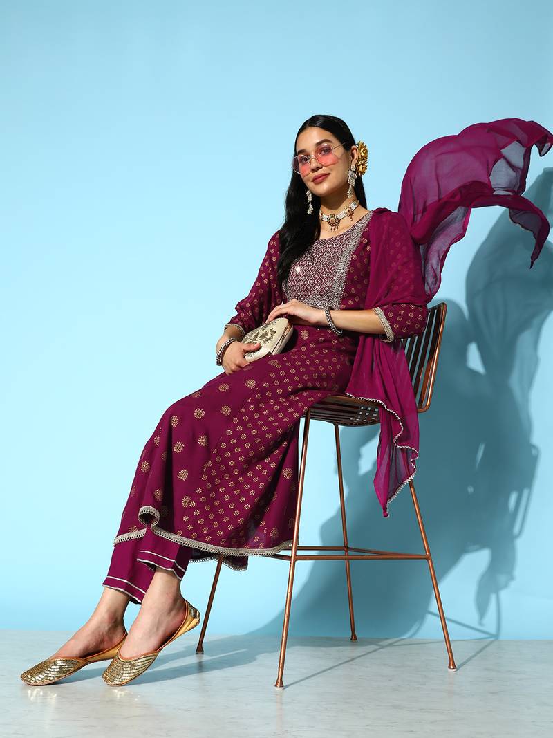 Women's Gold Printed & Embroidered Rayon Kurta Pant Dupatta Set