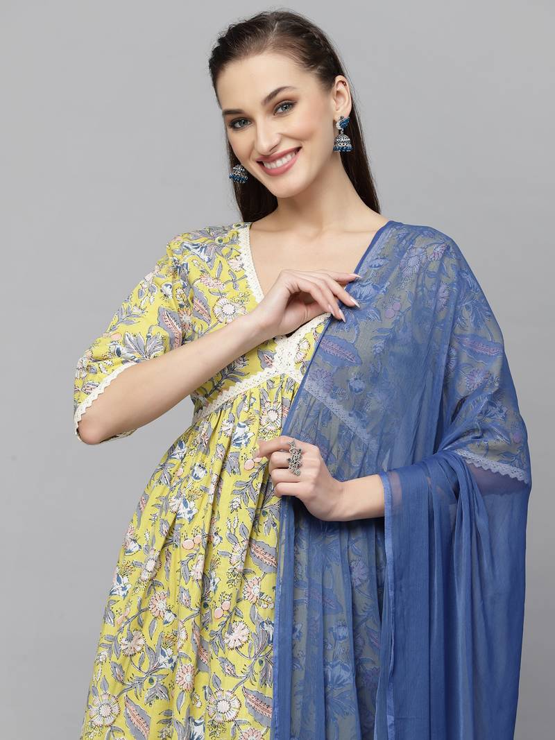 Women's Floral Printed Kurta Palazzo Dupatta Set