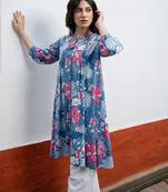 Janasya women's blue cotton floral a-line tunic