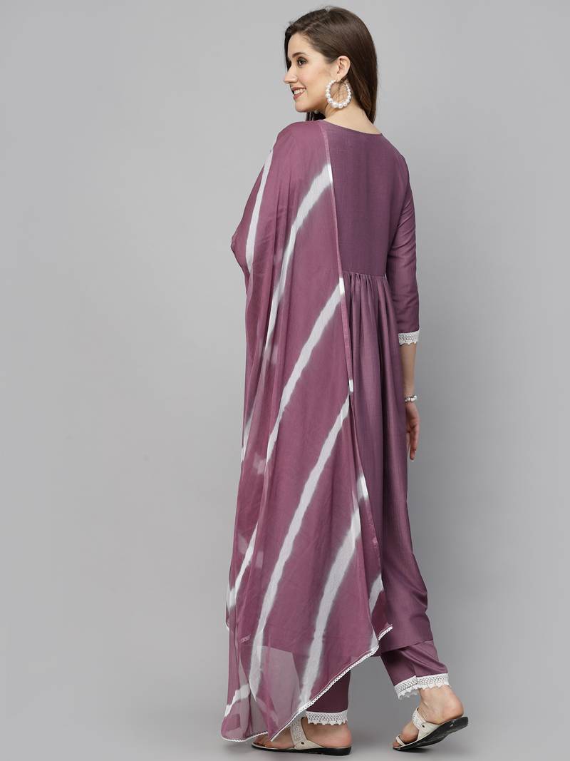 Women's Solid Chinnon Naira cut Kurta Pant Dupatta Set