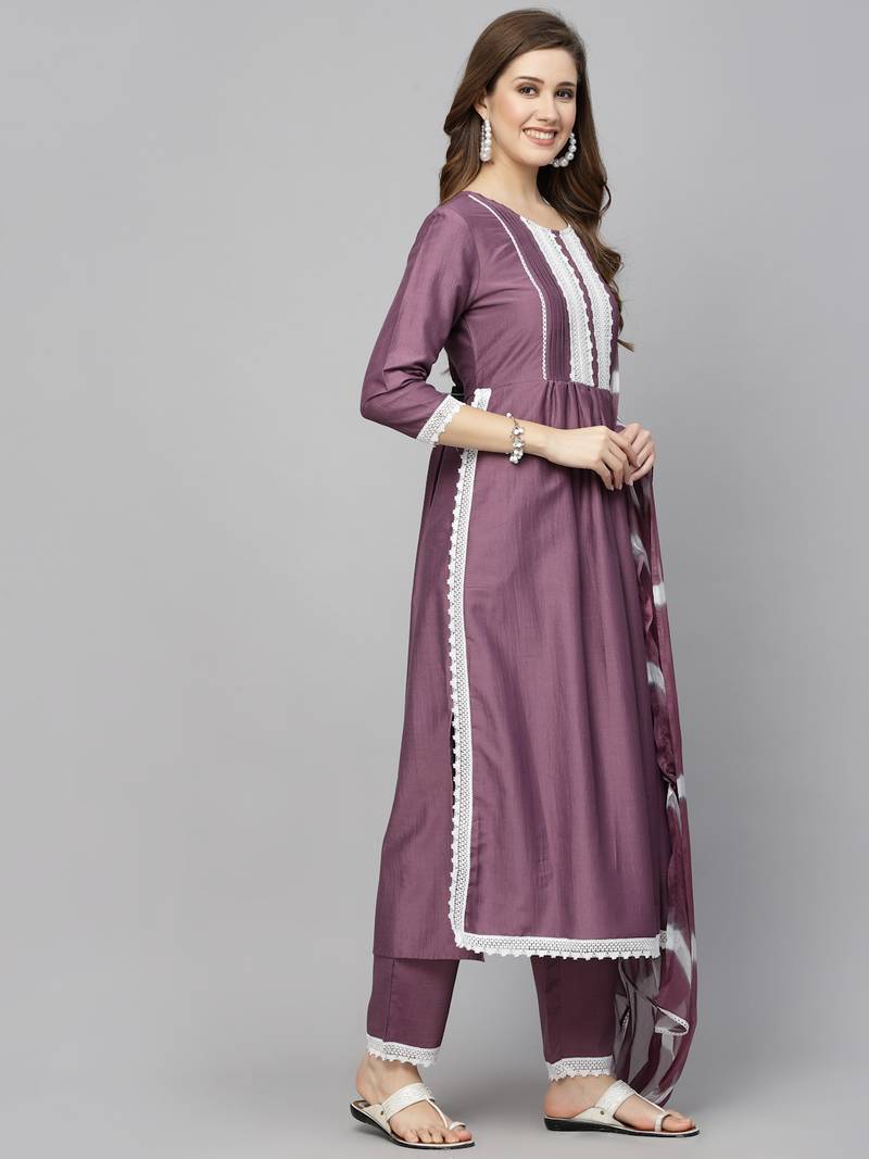Women's Solid Chinnon Naira cut Kurta Pant Dupatta Set