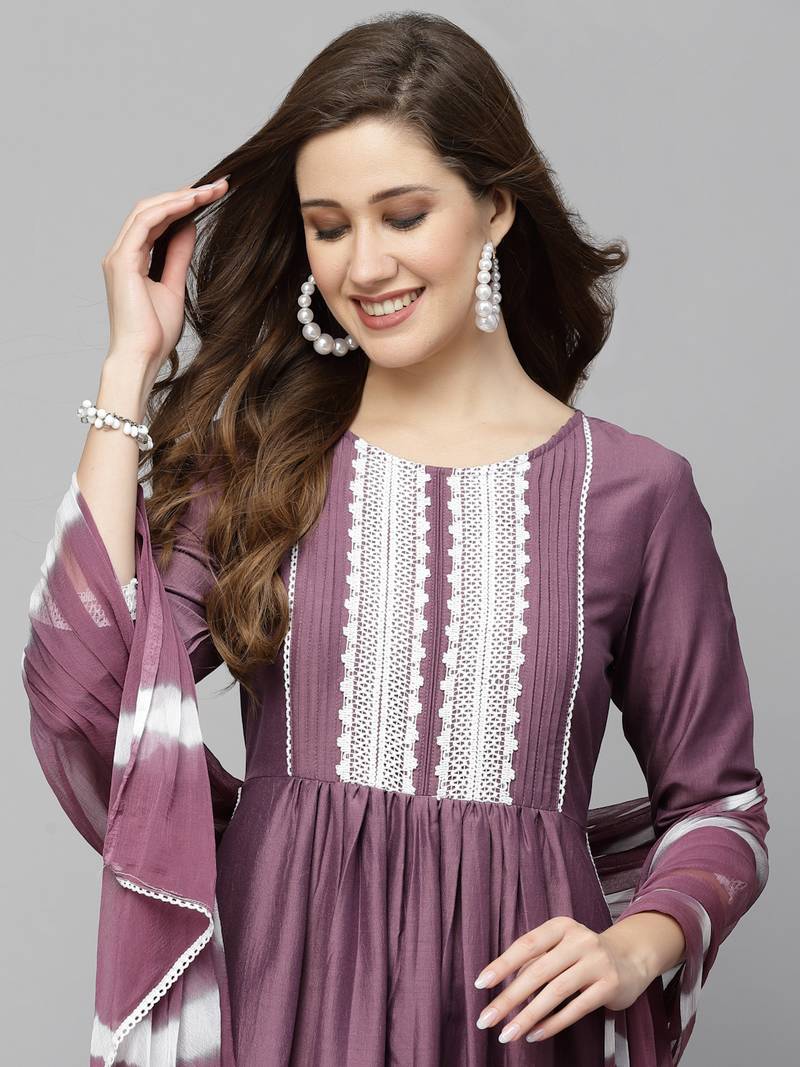 Women's Solid Chinnon Naira cut Kurta Pant Dupatta Set