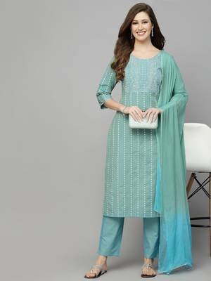 Women's Woven Design & Embroidered Cotton Blend Straight Kurta with Pant & Dupatta 1