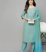 Women's Woven Design & Embroidered Cotton Blend Straight Kurta with Pant & Dupatta