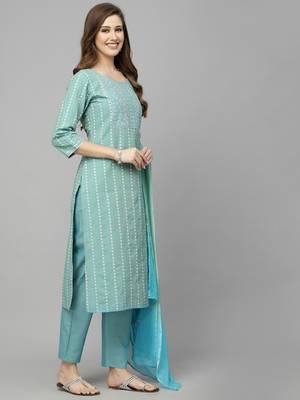 Women's Woven Design & Embroidered Cotton Blend Straight Kurta with Pant & Dupatta 3