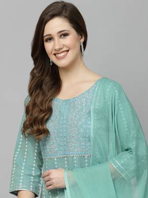 Women's Woven Design & Embroidered Cotton Blend Straight Kurta with Pant & Dupatta 4