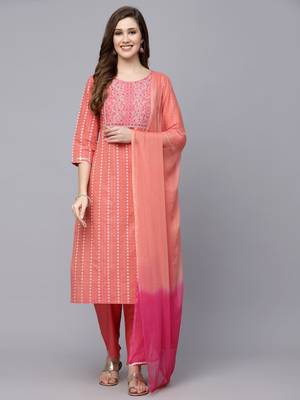 Women's Woven Design & Embroidered Cotton Blend Straight Kurta with Pant & Dupatta 1