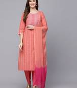 Women's Woven Design & Embroidered Cotton Blend Straight Kurta with Pant & Dupatta