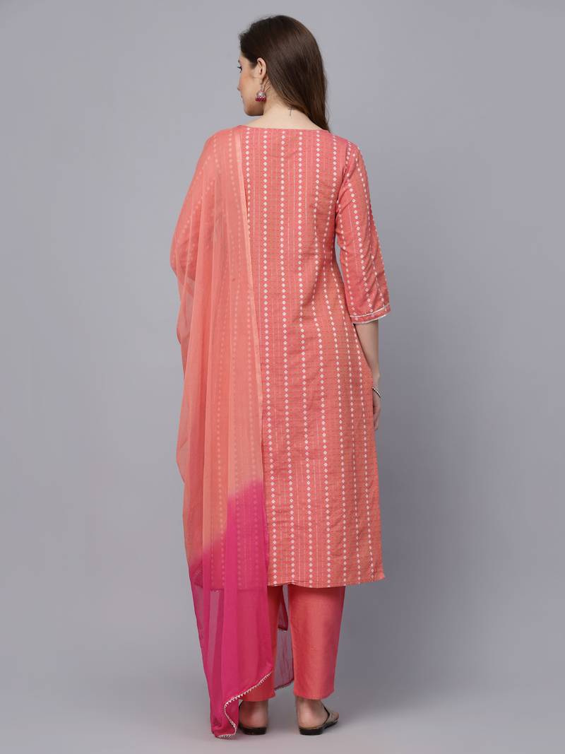 Women's Woven Design & Embroidered Cotton Blend Straight Kurta with Pant & Dupatta