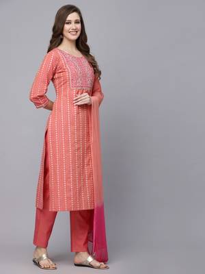 Women's Woven Design & Embroidered Cotton Blend Straight Kurta with Pant & Dupatta 3