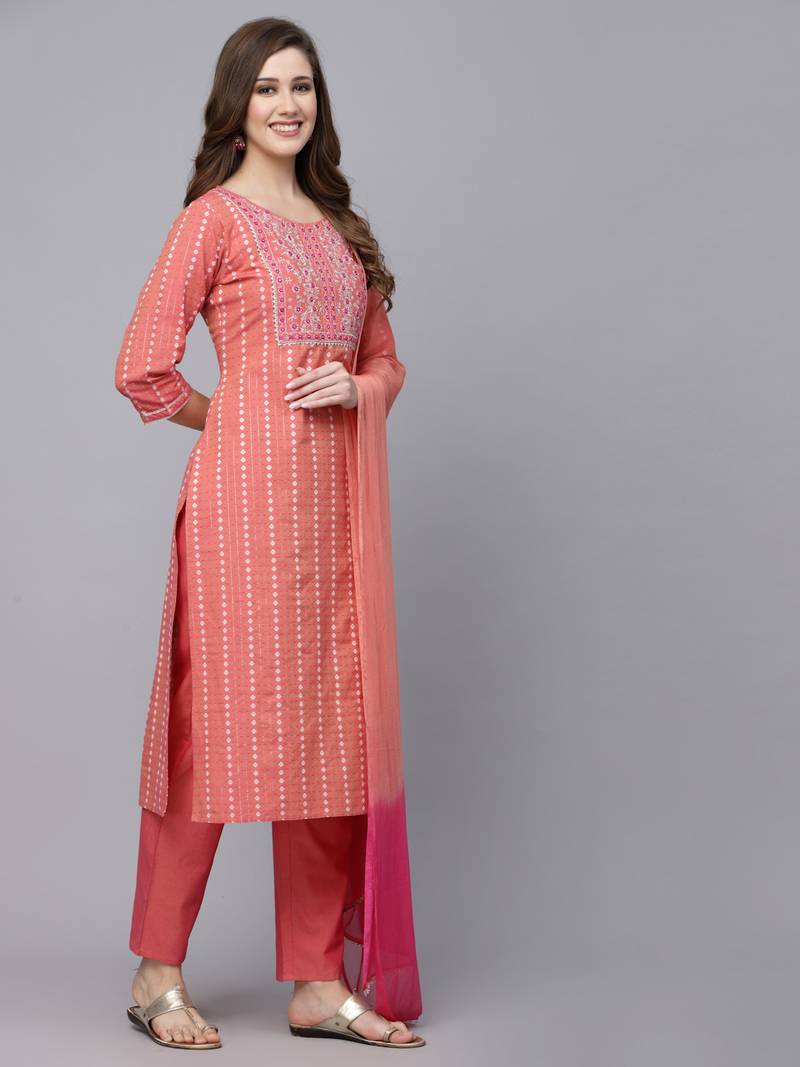Women's Woven Design & Embroidered Cotton Blend Straight Kurta with Pant & Dupatta