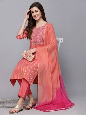 Women's Woven Design & Embroidered Cotton Blend Straight Kurta with Pant & Dupatta 4