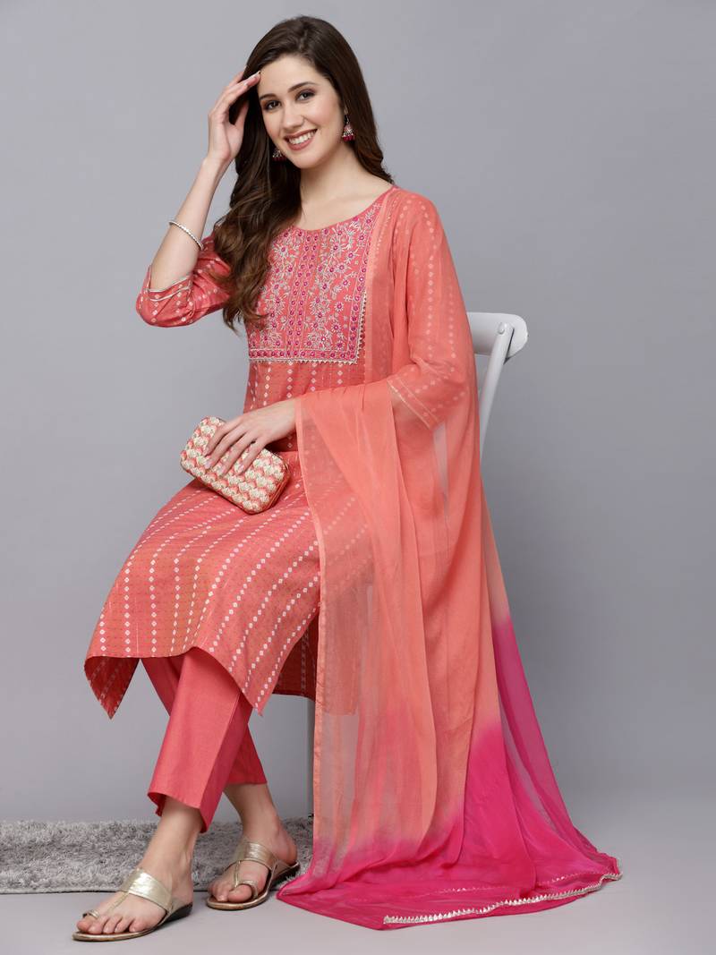 Women's Woven Design & Embroidered Cotton Blend Straight Kurta with Pant & Dupatta