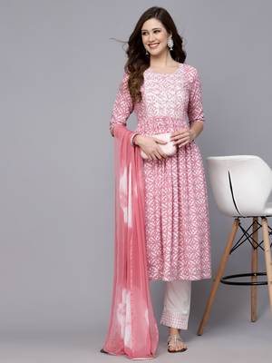 Women's Printed Rayon Naira Cut Kurta Pant Dupatta Set 1