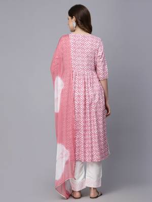 Women's Printed Rayon Naira Cut Kurta Pant Dupatta Set 2