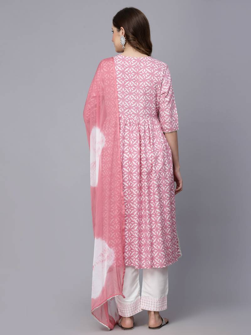 Women's Printed Rayon Naira Cut Kurta Pant Dupatta Set