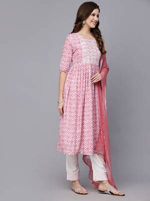 Women's Printed Rayon Naira Cut Kurta Pant Dupatta Set 3