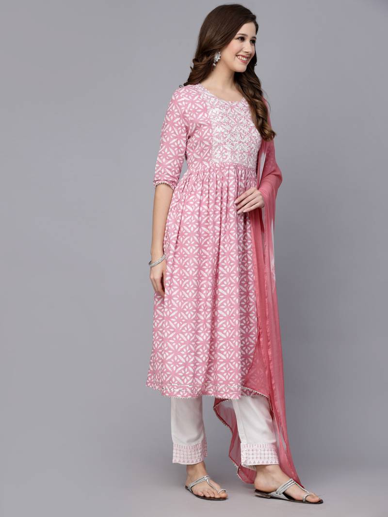 Women's Printed Rayon Naira Cut Kurta Pant Dupatta Set