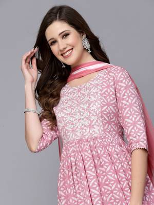 Women's Printed Rayon Naira Cut Kurta Pant Dupatta Set 4