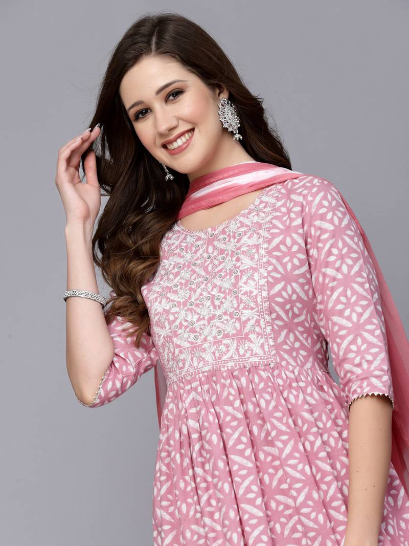 Women's Printed Rayon Naira Cut Kurta Pant Dupatta Set