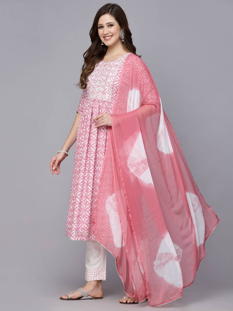 Women's Printed Rayon Naira Cut Kurta Pant Dupatta Set