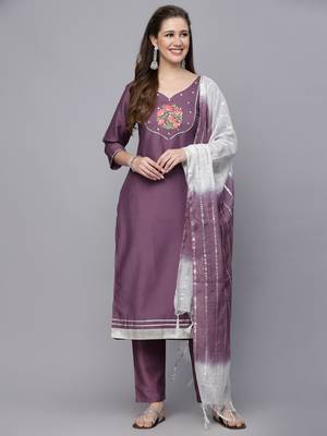 Women's Embroidered Chinnon Straight Kurta Pant Dupatta Set 1