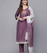 Women's Embroidered Chinnon Straight Kurta Pant Dupatta Set