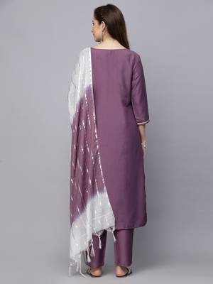 Women's Embroidered Chinnon Straight Kurta Pant Dupatta Set 2