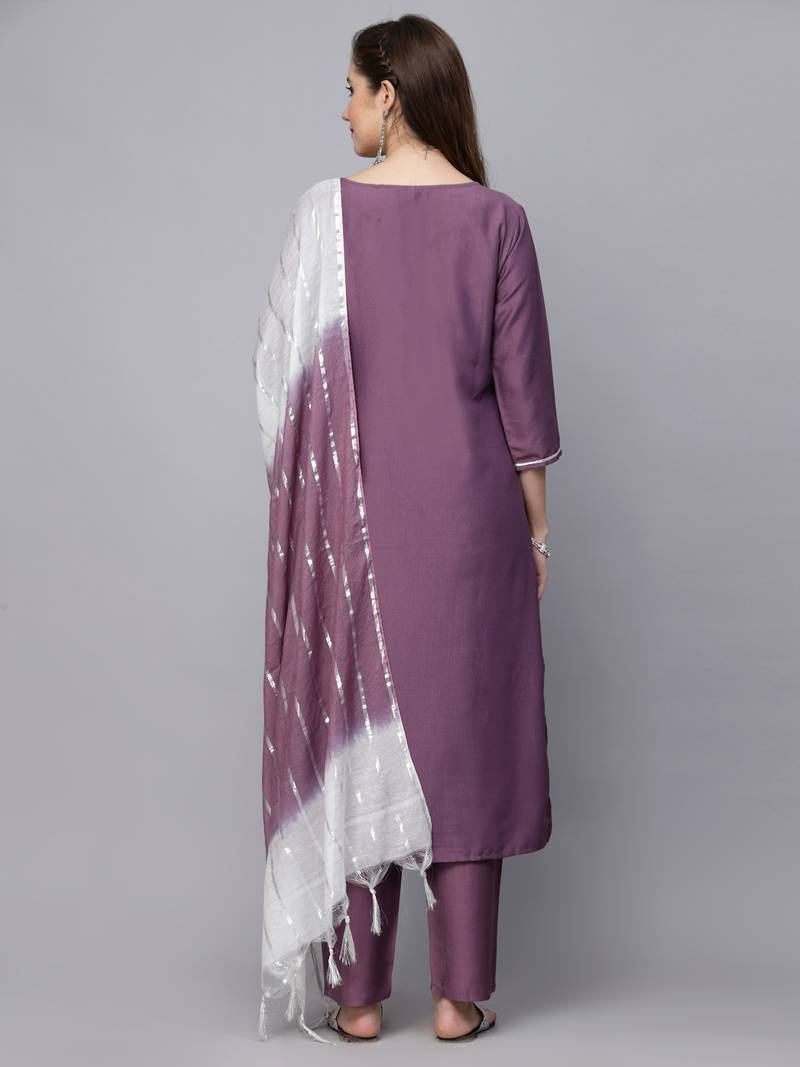 Women's Embroidered Chinnon Straight Kurta Pant Dupatta Set